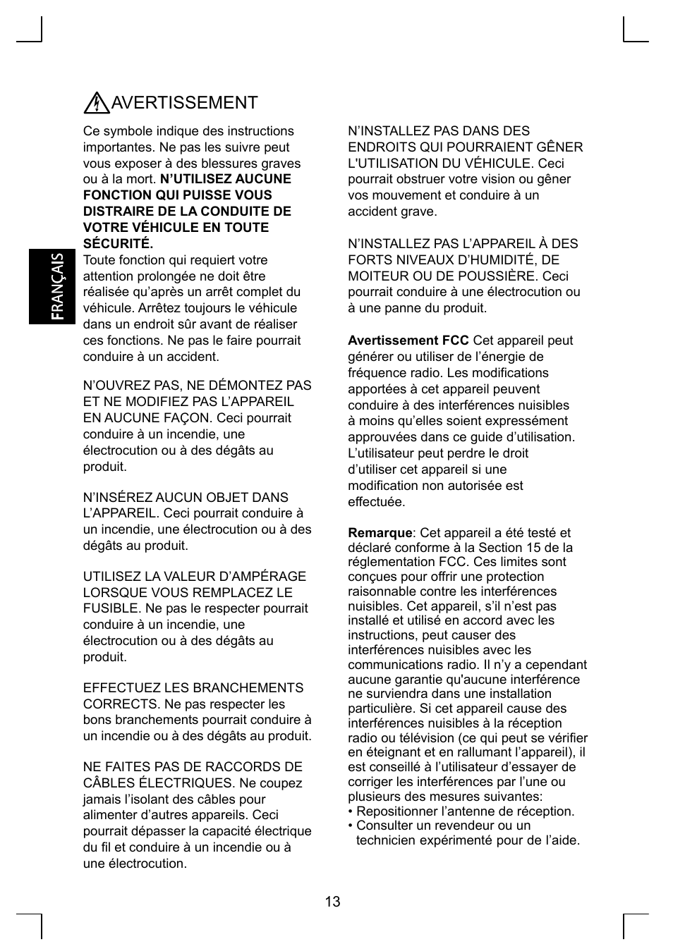 Avertissement | Sirius Satellite Radio KS-SRA100 User Manual | Page 14 / 20