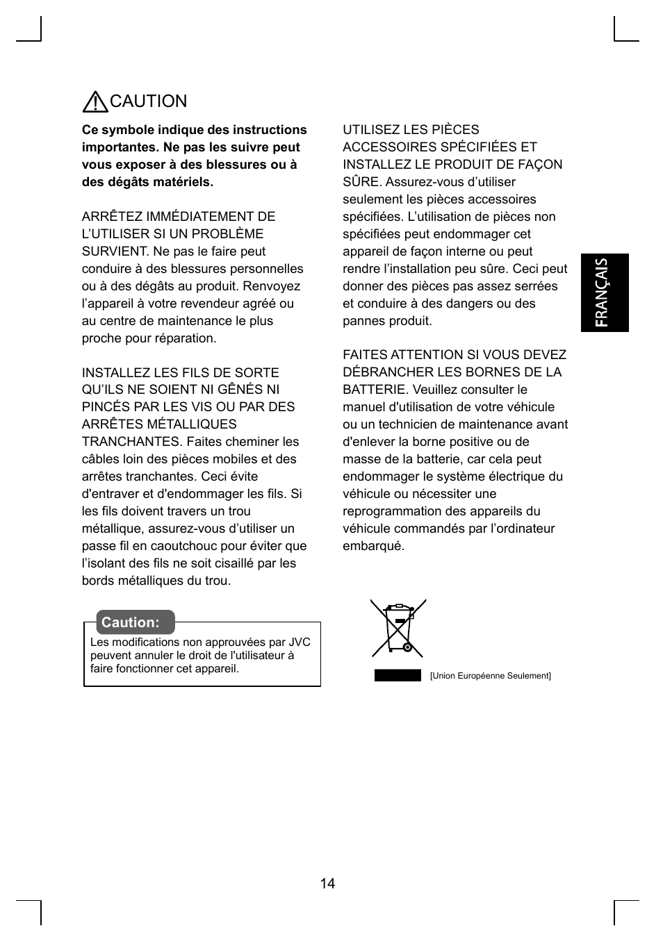 Caution | Sirius Satellite Radio KS-SRA100 User Manual | Page 15 / 20