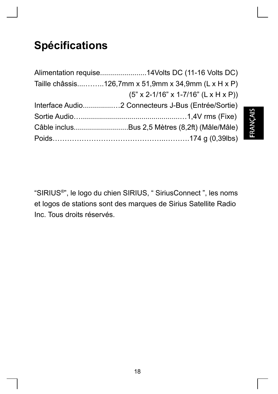 Spécifications | Sirius Satellite Radio KS-SRA100 User Manual | Page 19 / 20
