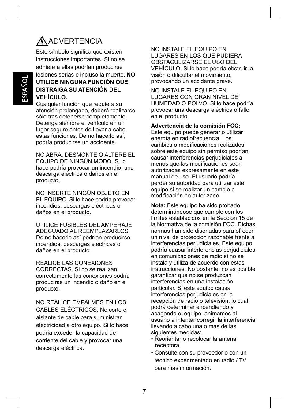 Advertencia | Sirius Satellite Radio KS-SRA100 User Manual | Page 8 / 20