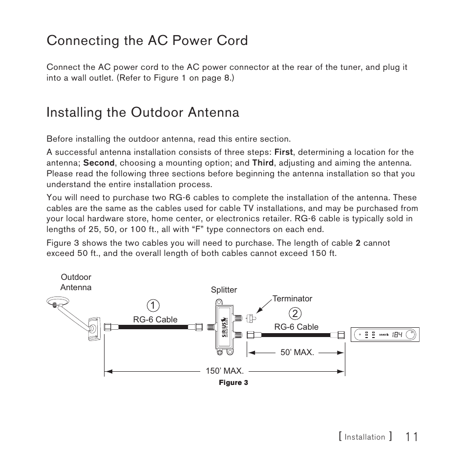 Connecting the ac power cord, Installing the outdoor antenna | Sirius Satellite Radio SCH2P User Manual | Page 11 / 32