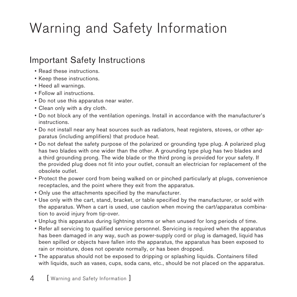 Warning and safety information, Important safety instructions | Sirius Satellite Radio SCH2P User Manual | Page 4 / 32