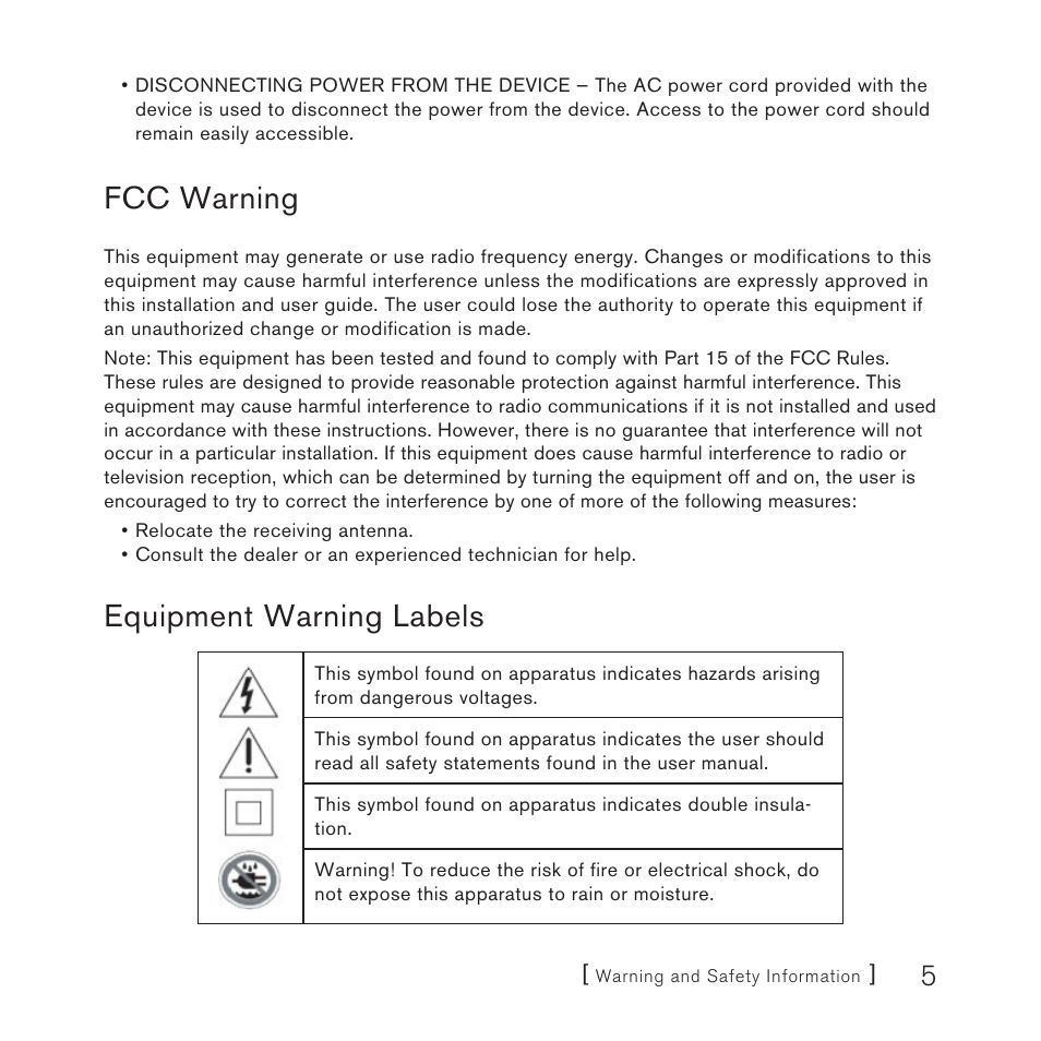 Fcc warning, Equipment warning labels | Sirius Satellite Radio SCH2P User Manual | Page 5 / 32