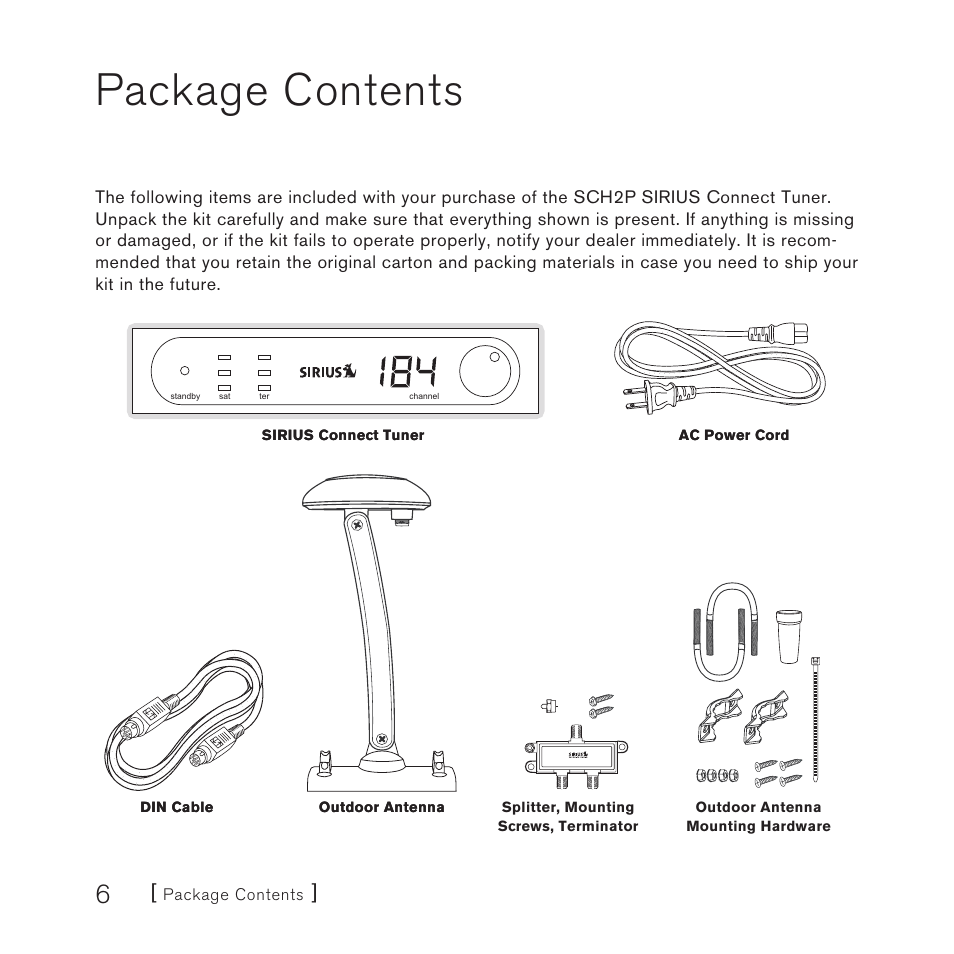 Package contents | Sirius Satellite Radio SCH2P User Manual | Page 6 / 32