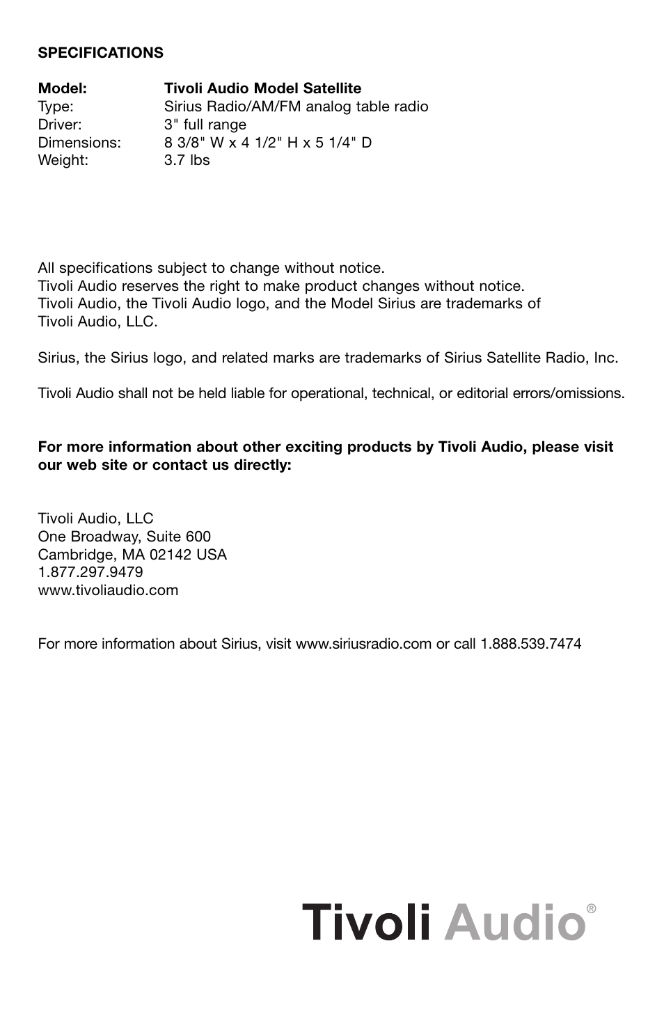 Sirius Satellite Radio Model Satellite User Manual | Page 20 / 20