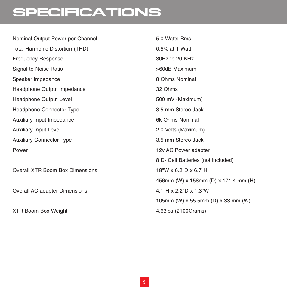 Specifications | Sirius Satellite Radio XS075 User Manual | Page 14 / 20