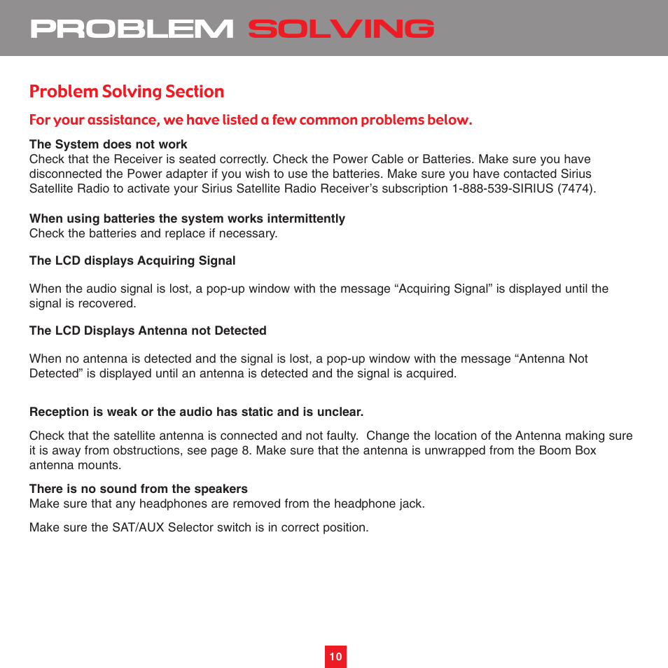 Problem solving | Sirius Satellite Radio XS075 User Manual | Page 15 / 20