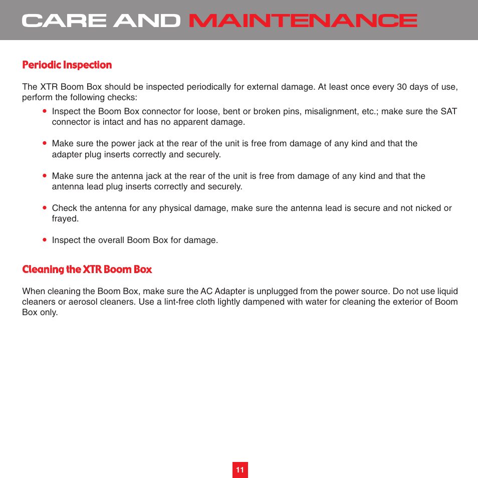 Care and maintenance | Sirius Satellite Radio XS075 User Manual | Page 16 / 20