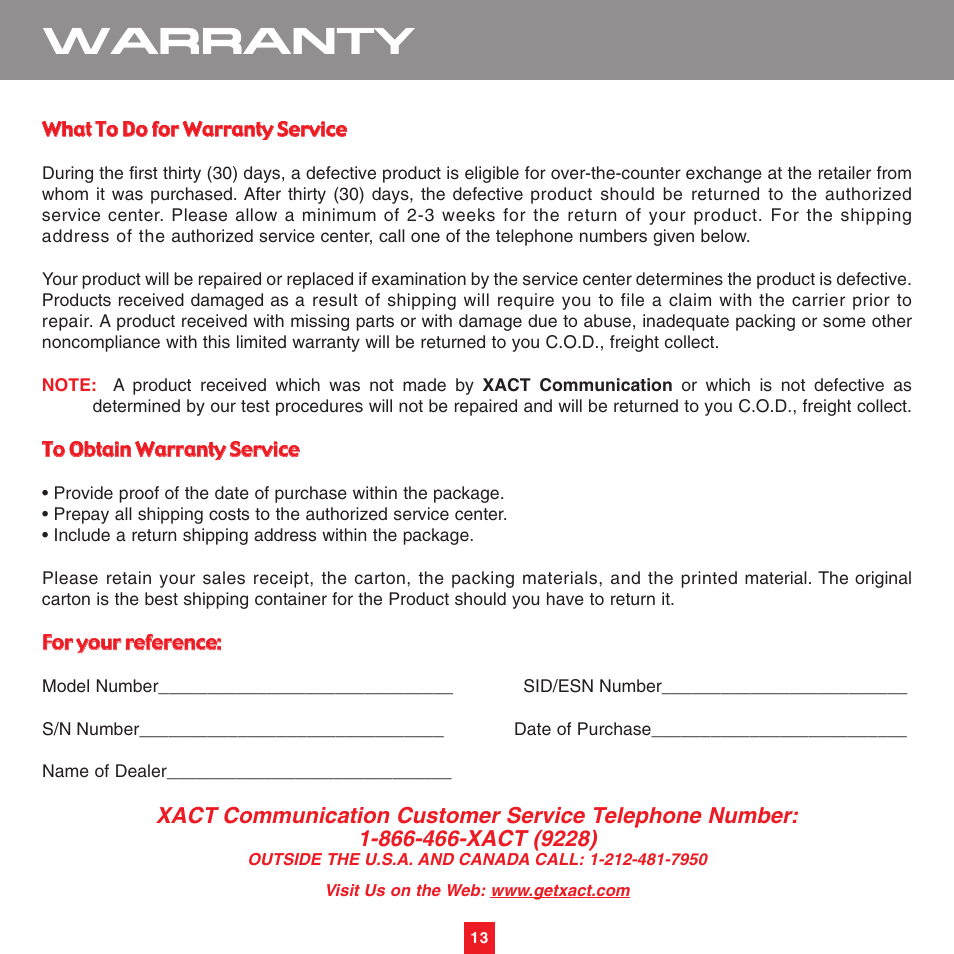 Warranty | Sirius Satellite Radio XS075 User Manual | Page 18 / 20