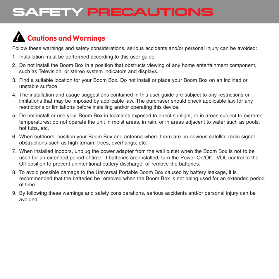 Safety precautions, Cautions and warnings | Sirius Satellite Radio XS075 User Manual | Page 4 / 20