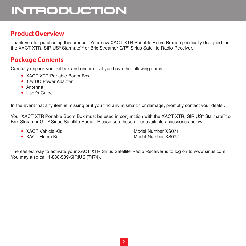 Introduction, Product overview, Package contents | Sirius Satellite Radio XS075 User Manual | Page 7 / 20
