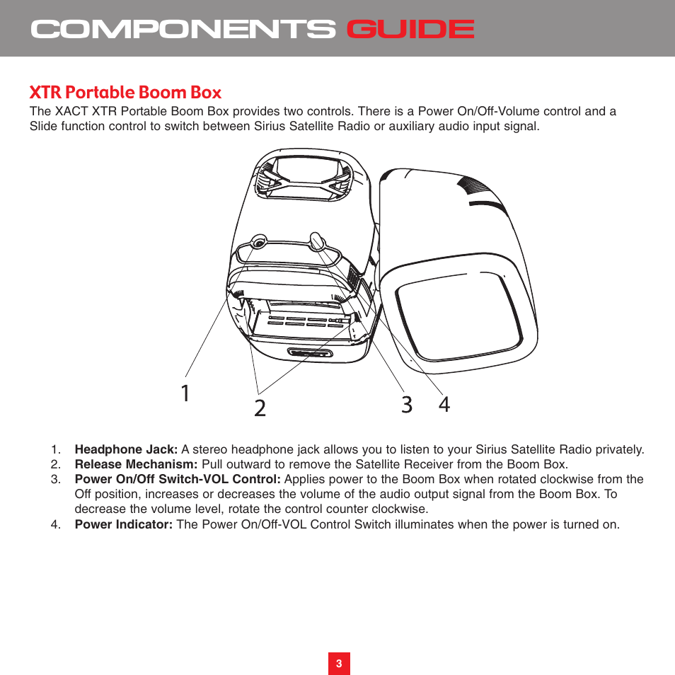 Components guide, Xtr portable boom box | Sirius Satellite Radio XS075 User Manual | Page 8 / 20