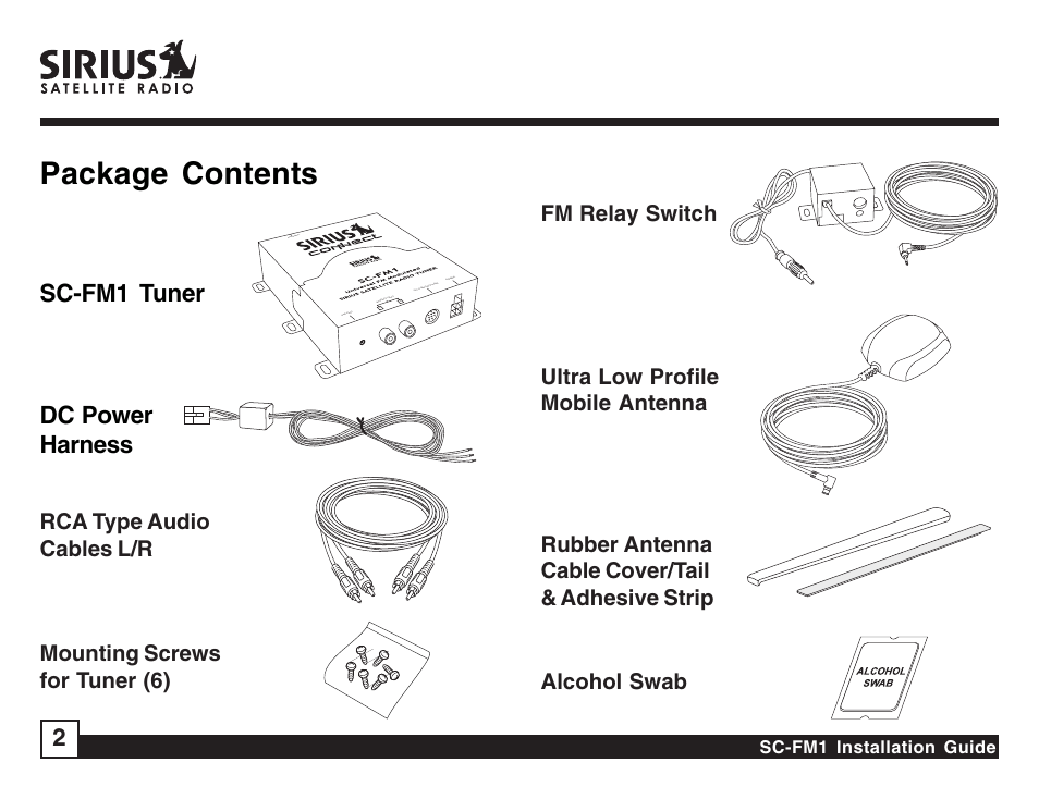 Package contents, Sc-fm1 tuner dc power harness, Sc-fm1 installation guide | Sirius Satellite Radio SC-FM1 User Manual | Page 2 / 16