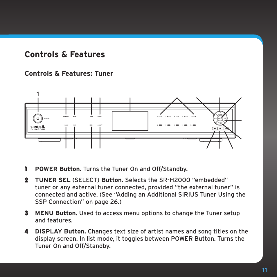 Controls & features | Sirius Satellite Radio SRH2000 User Manual | Page 11 / 98