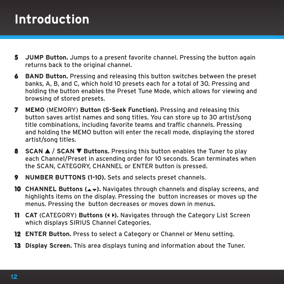 Introduction | Sirius Satellite Radio SRH2000 User Manual | Page 12 / 98