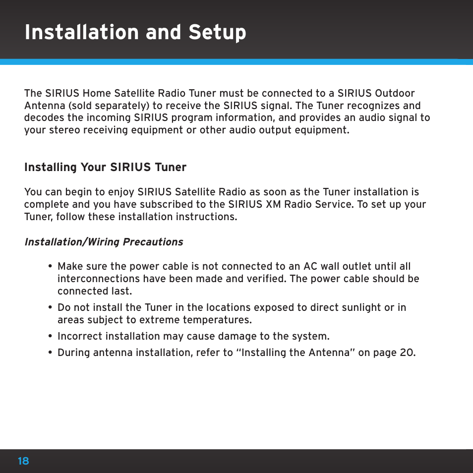 Installation and setup | Sirius Satellite Radio SRH2000 User Manual | Page 18 / 98