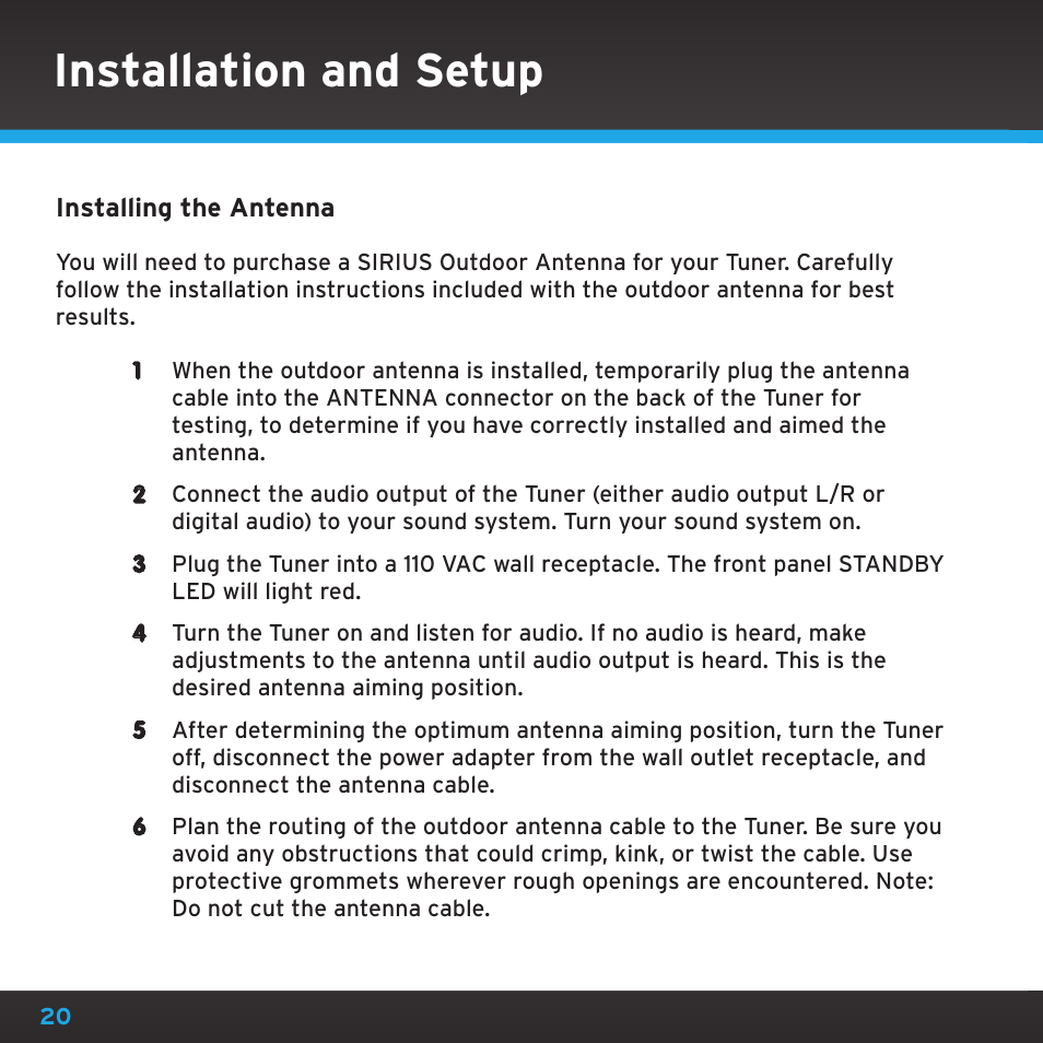 Installation and setup | Sirius Satellite Radio SRH2000 User Manual | Page 20 / 98