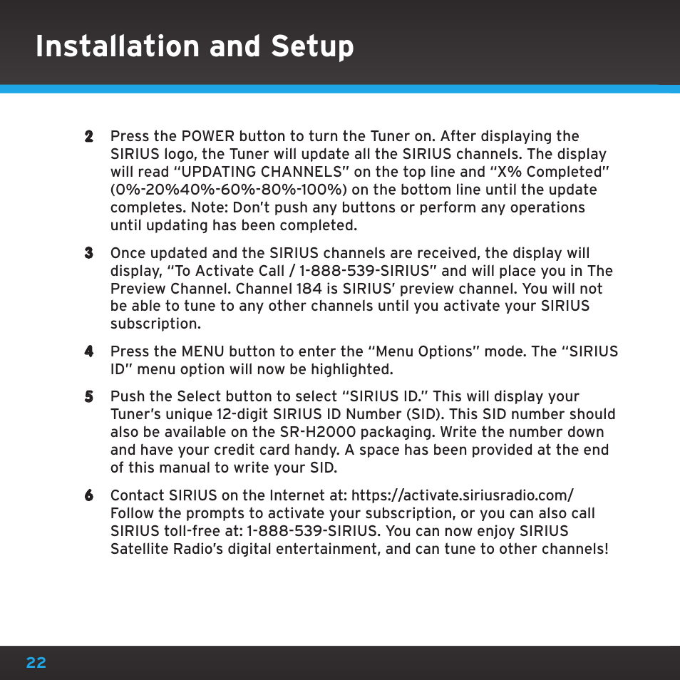 Installation and setup | Sirius Satellite Radio SRH2000 User Manual | Page 22 / 98