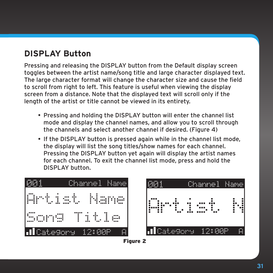 Display button | Sirius Satellite Radio SRH2000 User Manual | Page 31 / 98