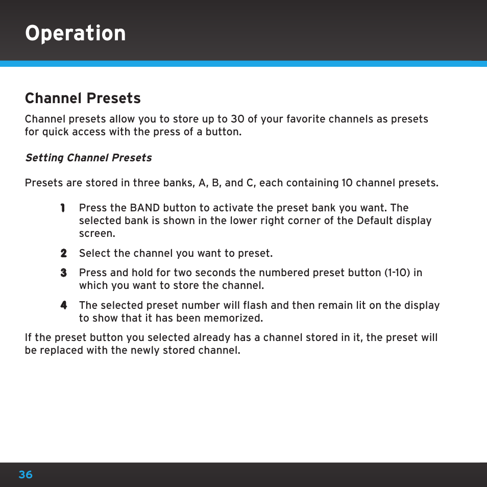 Operation, Channel presets | Sirius Satellite Radio SRH2000 User Manual | Page 36 / 98