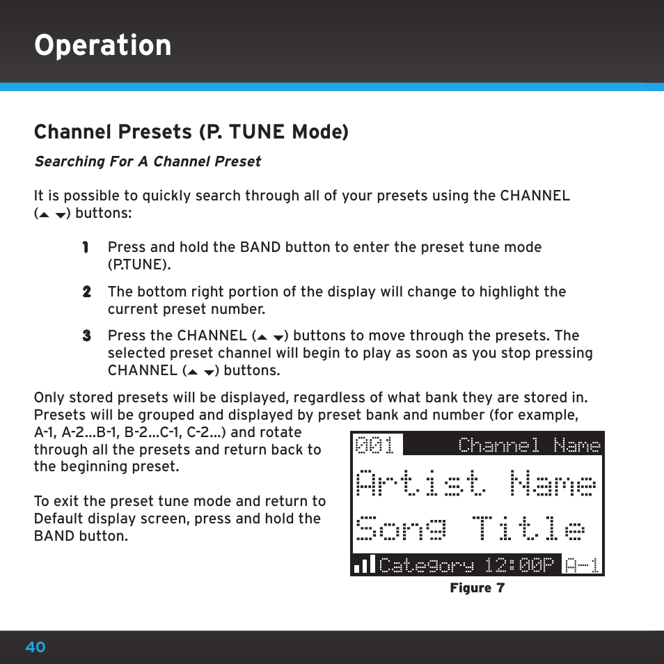 Operation, Channel presets (p . tune mode) | Sirius Satellite Radio SRH2000 User Manual | Page 40 / 98