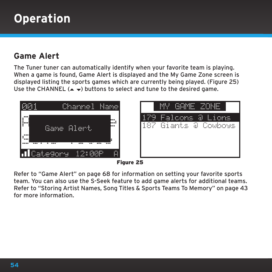 Operation, Game alert | Sirius Satellite Radio SRH2000 User Manual | Page 54 / 98