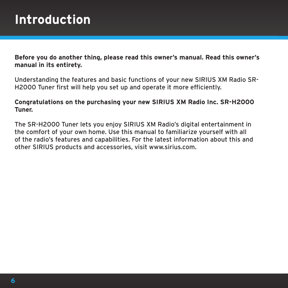 Introduction | Sirius Satellite Radio SRH2000 User Manual | Page 6 / 98