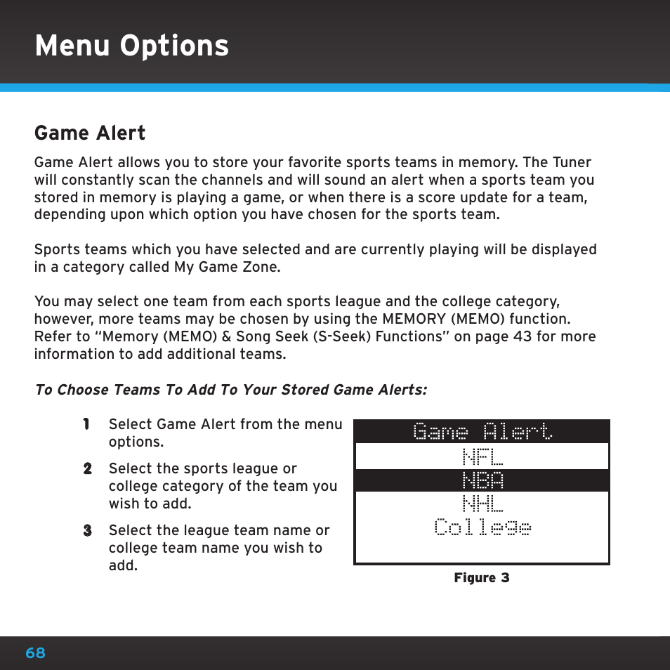 Menu options, Game alert | Sirius Satellite Radio SRH2000 User Manual | Page 68 / 98