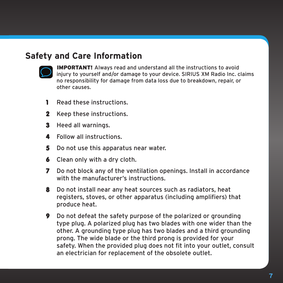 Safety and care information | Sirius Satellite Radio SRH2000 User Manual | Page 7 / 98