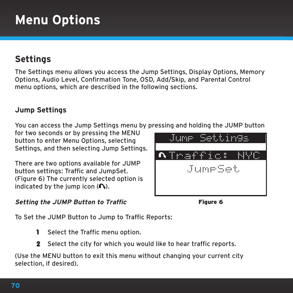 Menu options, Settings | Sirius Satellite Radio SRH2000 User Manual | Page 70 / 98