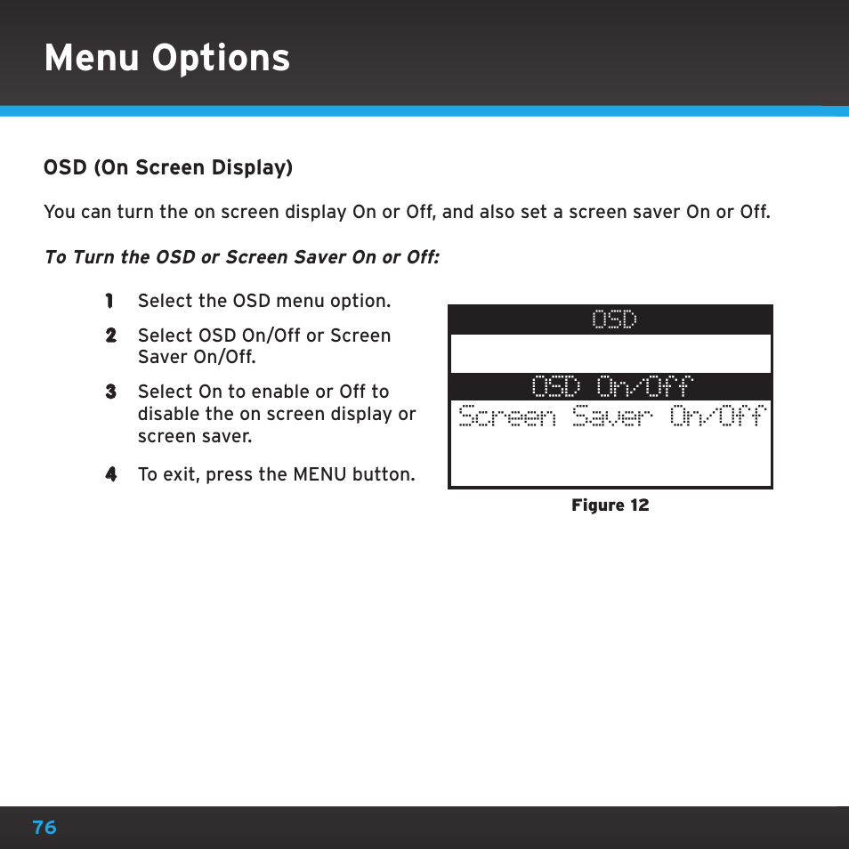 Menu options, Osd on/off screen saver on/off | Sirius Satellite Radio SRH2000 User Manual | Page 76 / 98