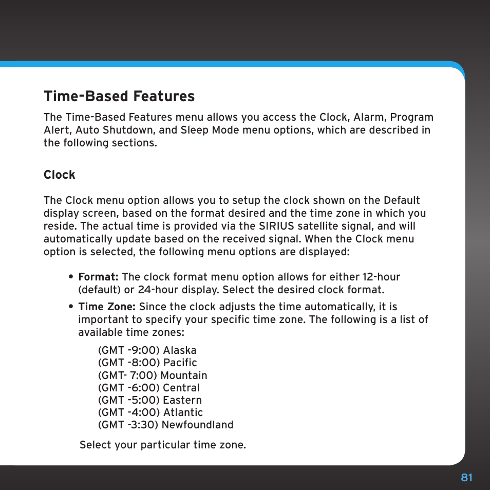 Time-based features | Sirius Satellite Radio SRH2000 User Manual | Page 81 / 98