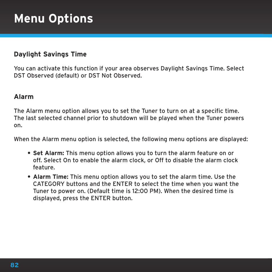 Menu options | Sirius Satellite Radio SRH2000 User Manual | Page 82 / 98