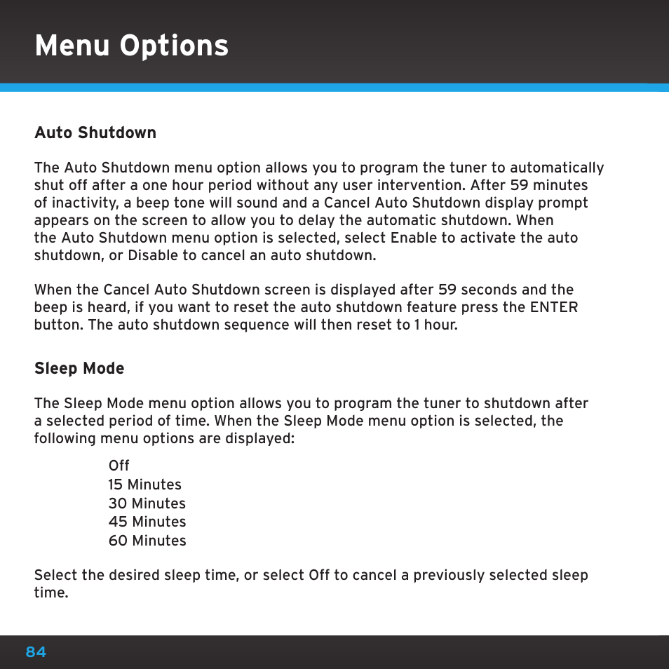 Menu options | Sirius Satellite Radio SRH2000 User Manual | Page 84 / 98