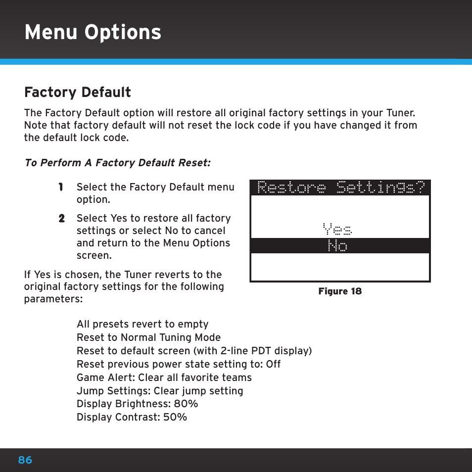 Menu options, Factory default | Sirius Satellite Radio SRH2000 User Manual | Page 86 / 98