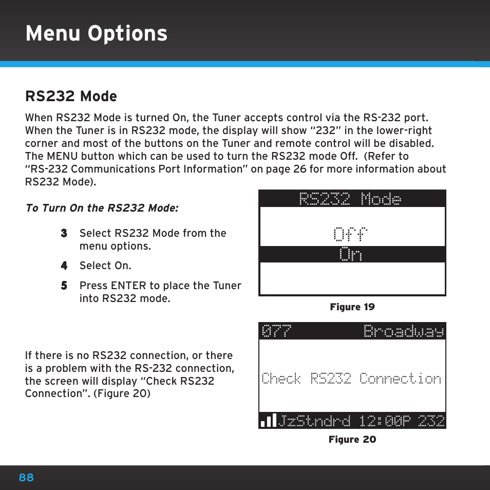 Menu options, Off on, Rs232 mode | Sirius Satellite Radio SRH2000 User Manual | Page 88 / 98