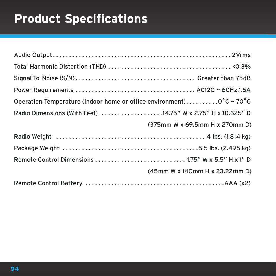 Product specifications | Sirius Satellite Radio SRH2000 User Manual | Page 94 / 98