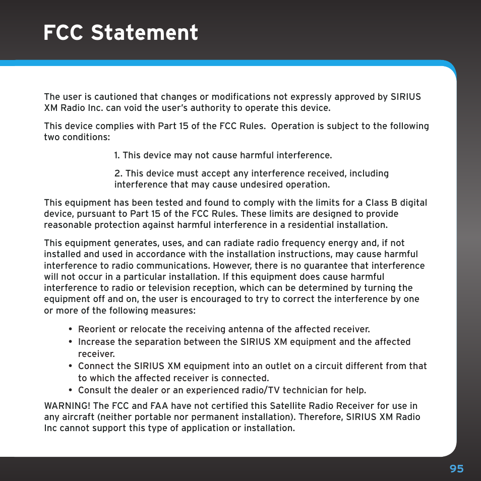 Fcc statement | Sirius Satellite Radio SRH2000 User Manual | Page 95 / 98