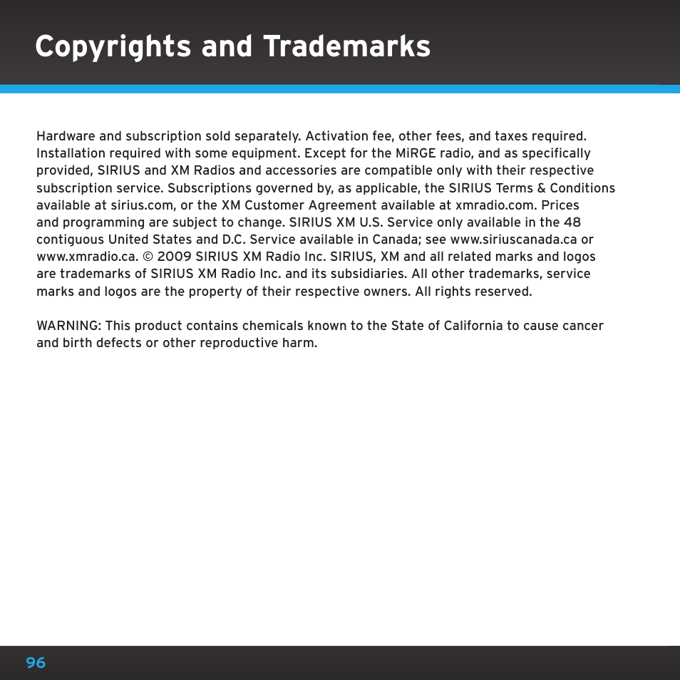 Copyrights and trademarks | Sirius Satellite Radio SRH2000 User Manual | Page 96 / 98