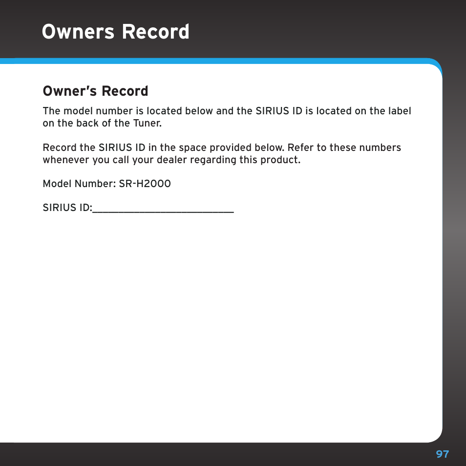 Copyrights and trademarks, Owners record, Owner’s record | Sirius Satellite Radio SRH2000 User Manual | Page 97 / 98