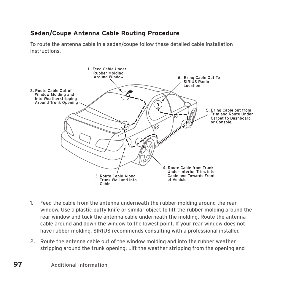 Sedan/coupe antenna cable routing procedure | Sirius Satellite Radio SIRIUS STILETTO 2 Model SLV2 User Manual | Page 100 / 144