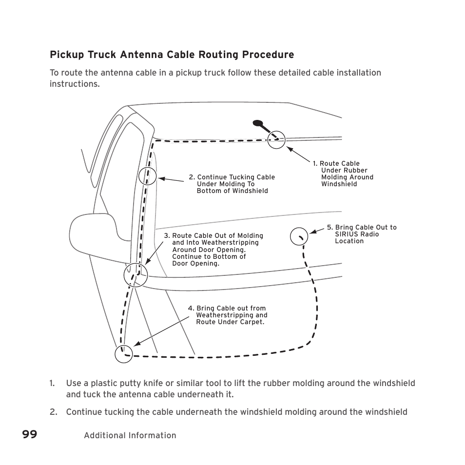 Pickup truck antenna cable routing procedure | Sirius Satellite Radio SIRIUS STILETTO 2 Model SLV2 User Manual | Page 102 / 144