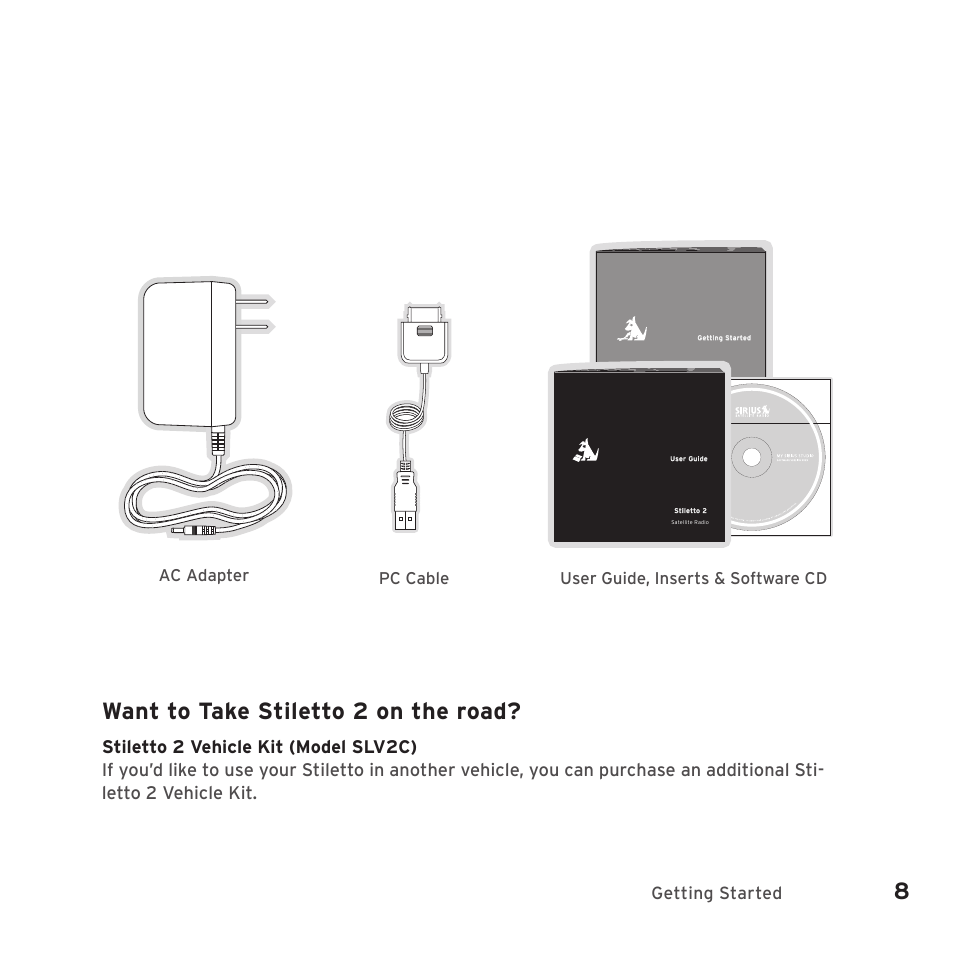 Want to take stiletto 2 on the road, Package contents, Included in the stiletto 2 package | Sirius Satellite Radio SIRIUS STILETTO 2 Model SLV2 User Manual | Page 11 / 144