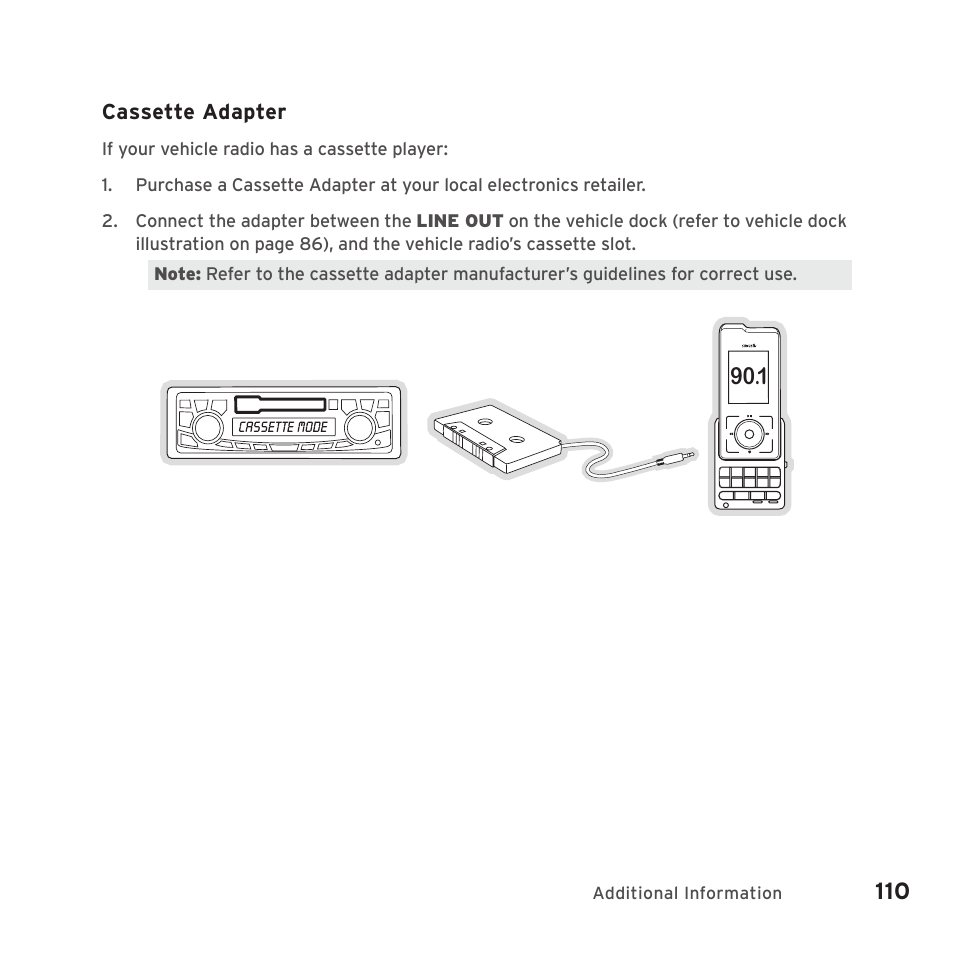 Cassette adapter, Additional information | Sirius Satellite Radio SIRIUS STILETTO 2 Model SLV2 User Manual | Page 113 / 144