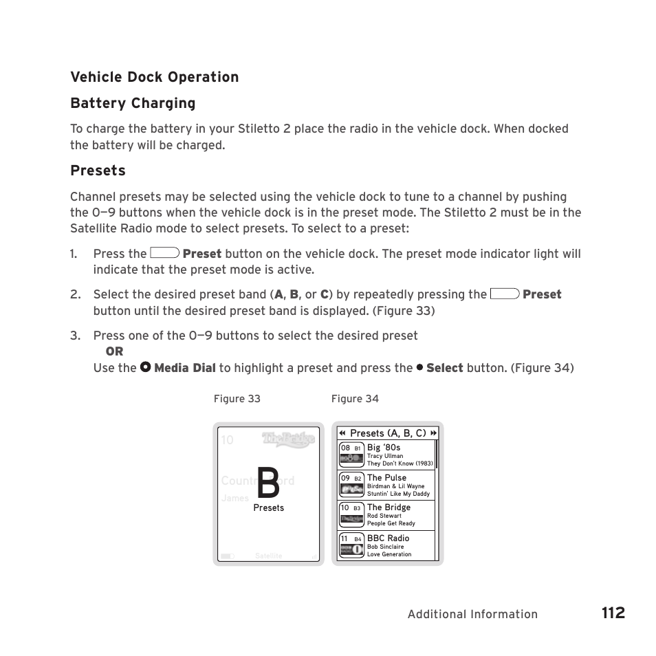 Vehicle dock operation battery charging, Presets | Sirius Satellite Radio SIRIUS STILETTO 2 Model SLV2 User Manual | Page 115 / 144