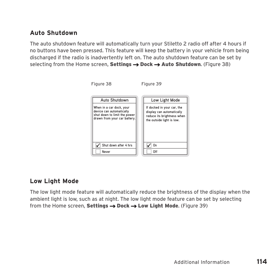 Auto shutdown, Low light mode | Sirius Satellite Radio SIRIUS STILETTO 2 Model SLV2 User Manual | Page 117 / 144