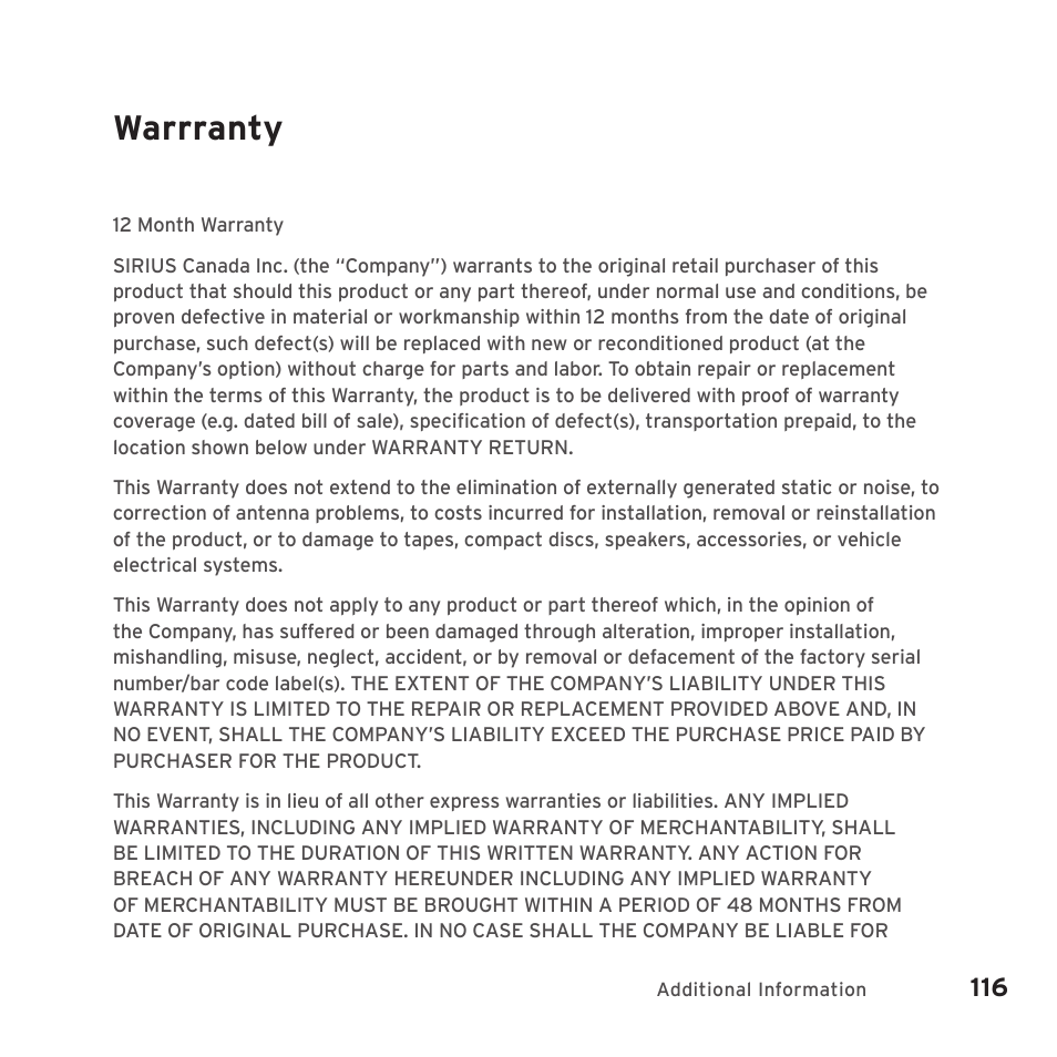 Warrranty | Sirius Satellite Radio SIRIUS STILETTO 2 Model SLV2 User Manual | Page 119 / 144