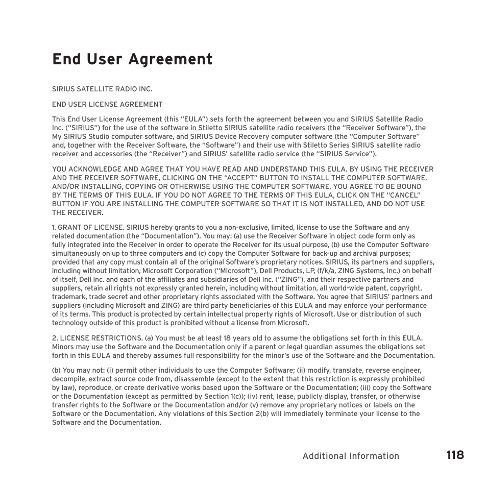 End user agreement | Sirius Satellite Radio SIRIUS STILETTO 2 Model SLV2 User Manual | Page 121 / 144