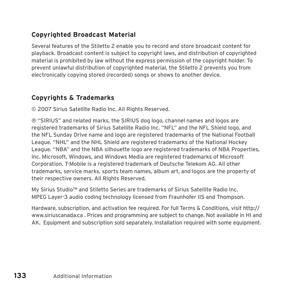 Sirius Satellite Radio SIRIUS STILETTO 2 Model SLV2 User Manual | Page 136 / 144