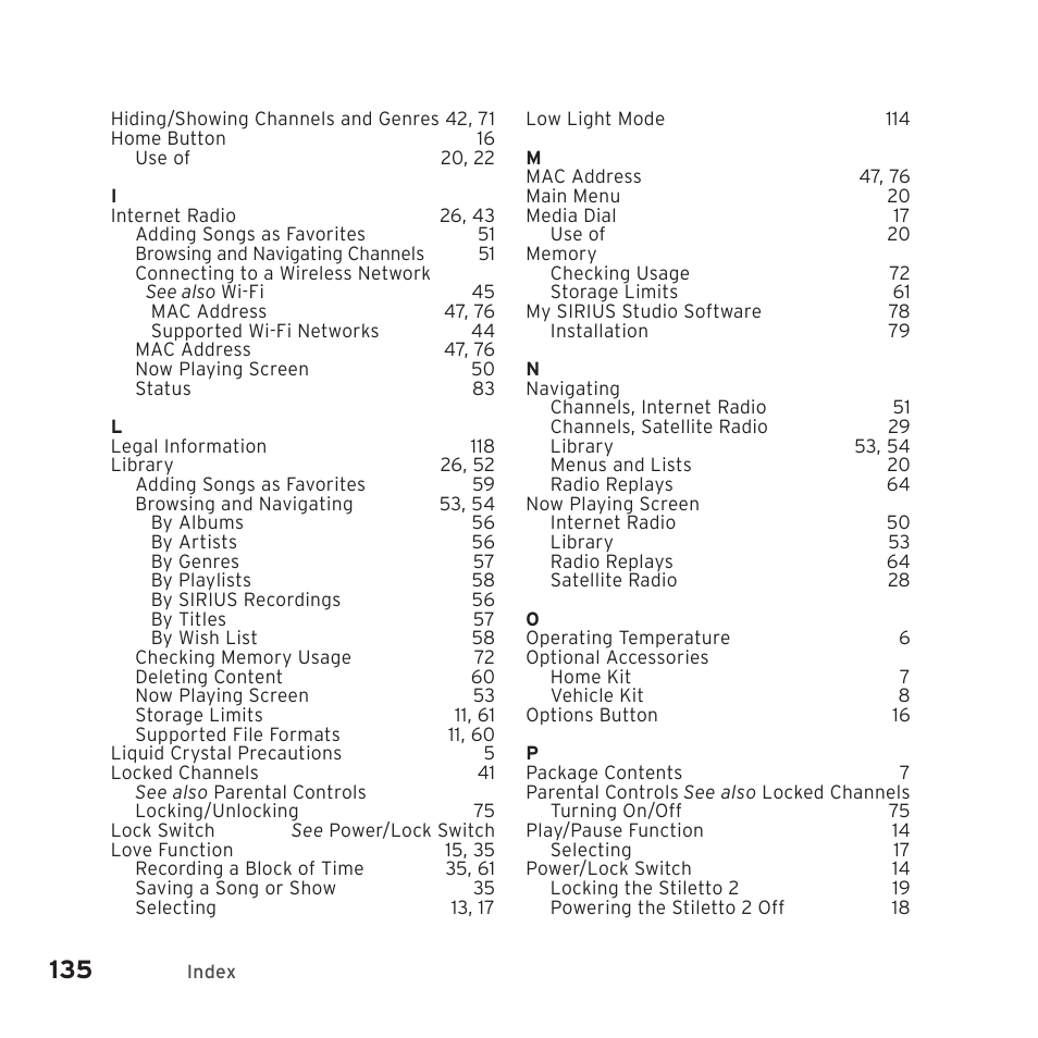 Sirius Satellite Radio SIRIUS STILETTO 2 Model SLV2 User Manual | Page 138 / 144